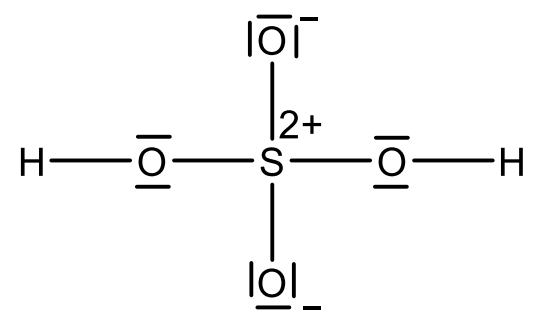 Chemische Strukturformel von Schwefelsäure H2SO4: S-Zentrum mit vier O-Atomen, zwei davon als OH-Gruppen.